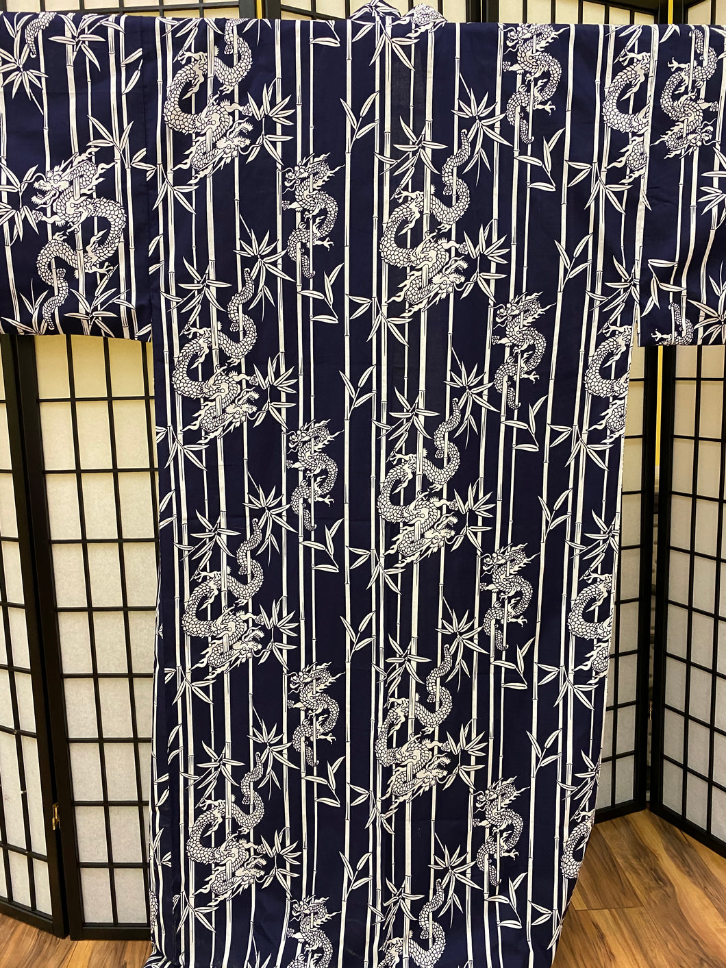 Yukata-navy background with white bamboo and dragon design