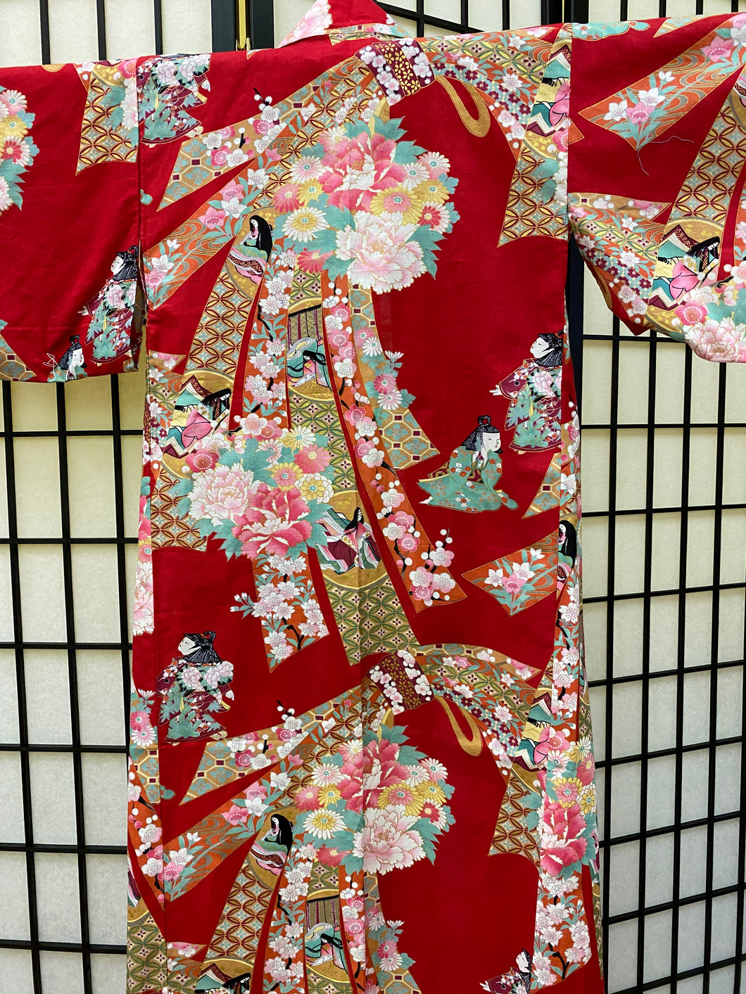 Yukata- Red background with floral and ladies design