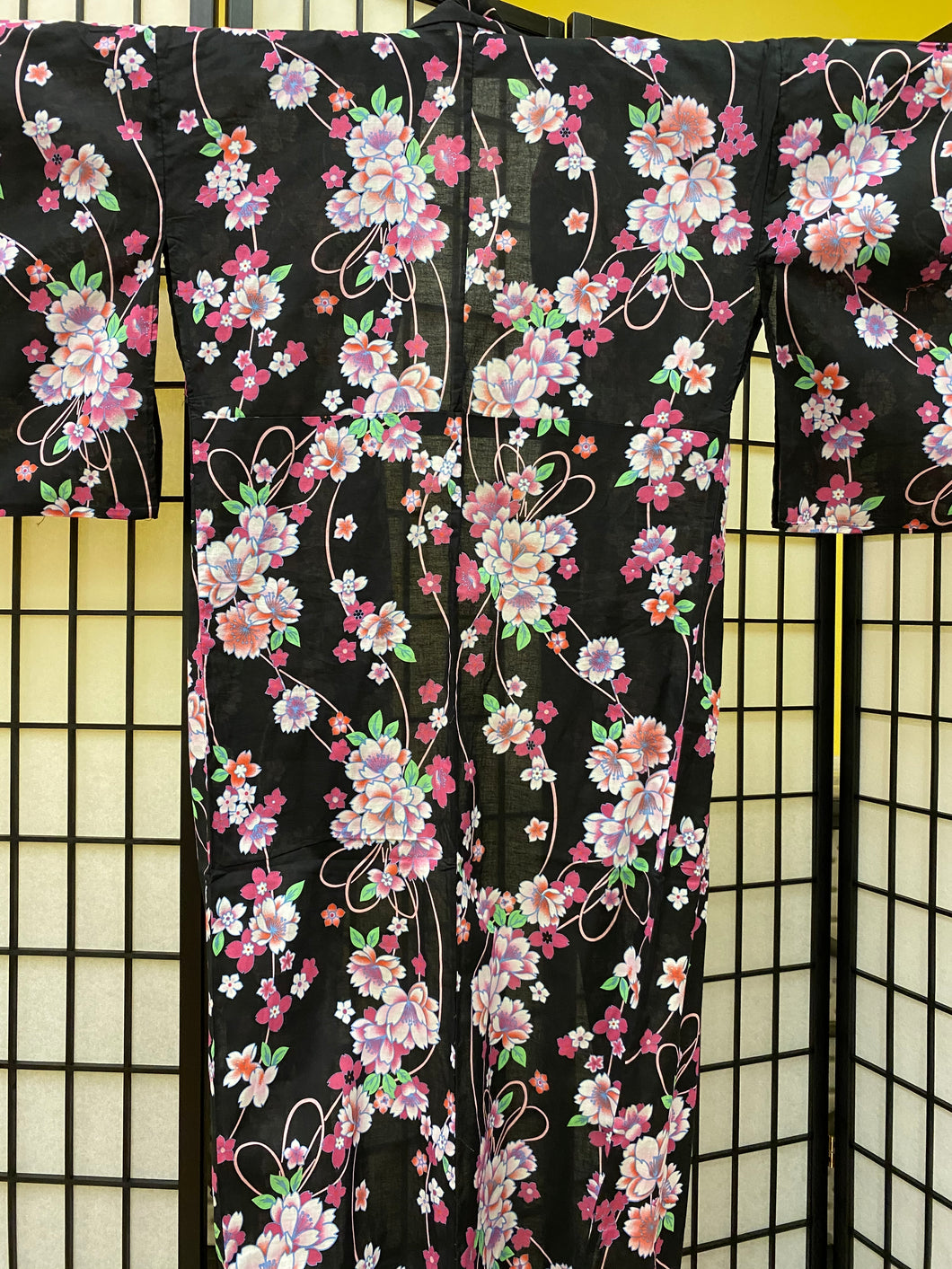 Yukata-black background with pink and orange floral design
