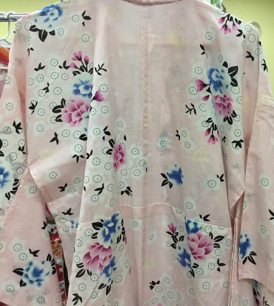 Yukata- Pink background with pink and blue flowers