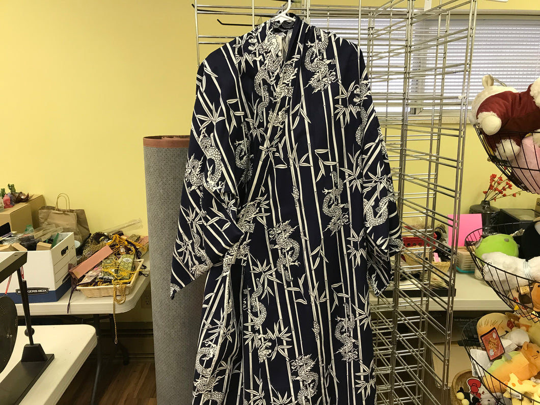 Yukata-navy blue background with white dragons and bamboo